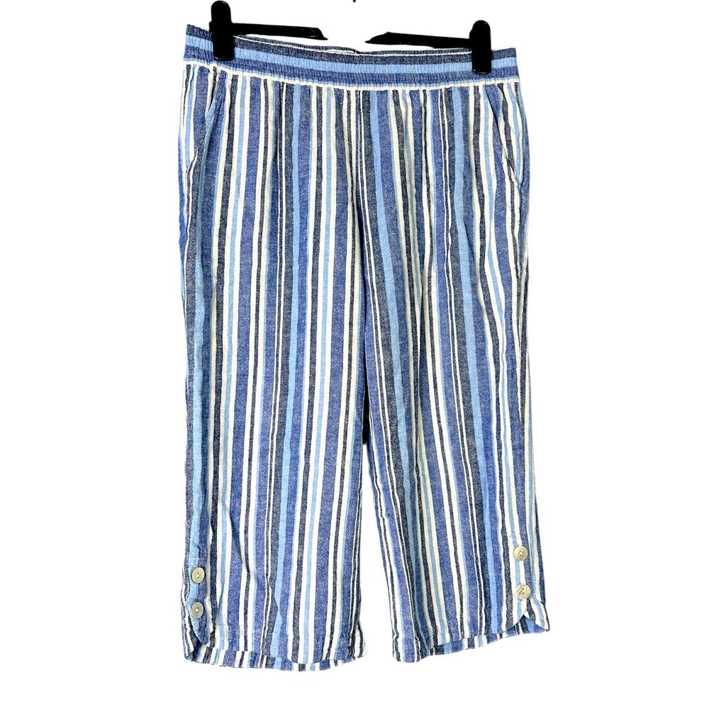 Ruby Rd Womens Blue Stripe Capri Pants - PL Linen Nautical Preppy Coastal Beachy
